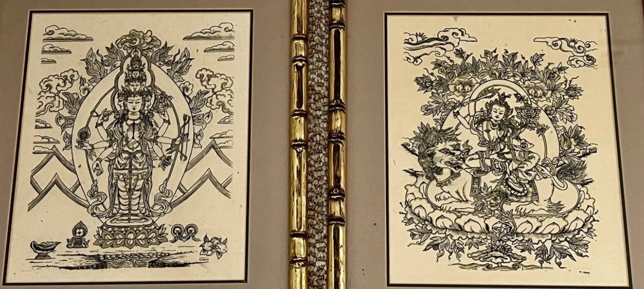 T Muni Australian Artist Framed Mandala Goddess Dharma Buddhist Ink & Gold PAIR6