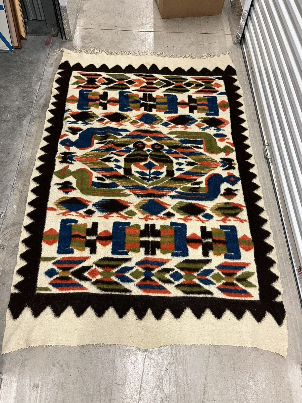 Pictorial Tribal Wool Rug Kilim VINTAGE ESTATE FIND Geometric Birds 5’ x 7.5’4