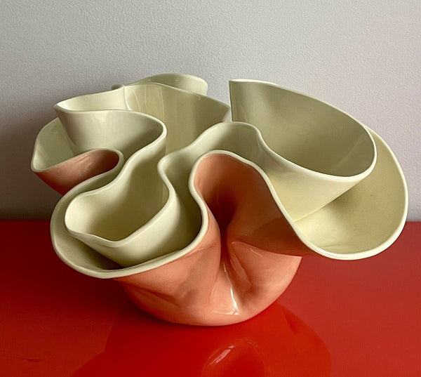 Fortley Huge Freeform Centerpiece Bowl 80s 90s Studio Pottery Peach Ivory 18x16
