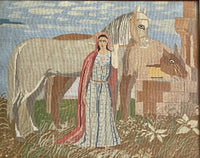 Antique Petit Point Needlepoint Medieval Lady With Two Horses 19” x 16” Framed
