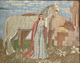 Antique Petit Point Needlepoint Medieval Lady With Two Horses 19” x 16” Framed