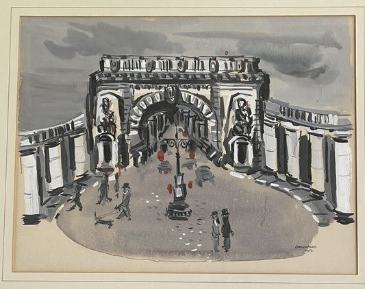 Orig. 1950 Parisian Arch Painting Fine Art Midcentury Watercolor Gouache Signed