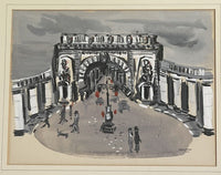 Orig. 1950 Parisian Arch Painting Fine Art Midcentury Watercolor Gouache Signed