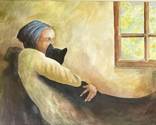 Woman Snuggling With Black Cat Orig Painting Fine Art Watercolor Gouache Signed