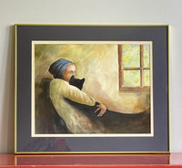 Woman Snuggling With Black Cat Orig Painting Fine Art Watercolor Gouache Signed