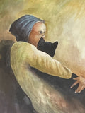 Woman Snuggling With Black Cat Orig Painting Fine Art Watercolor Gouache Signed