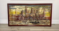 MOD Abstract Cityscape Original Vintage Impasto Painting on Canvas 50” x 26”