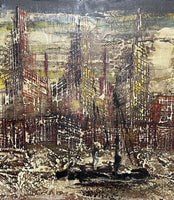 MOD Abstract Cityscape Original Vintage Impasto Painting on Canvas 50” x 26”