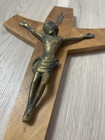 Modernist Bronze Brass & Wood Wall Cross Crucifix 12” MCM Retro Vintage Style