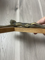 Modernist Bronze Brass & Wood Wall Cross Crucifix 12” MCM Retro Vintage Style
