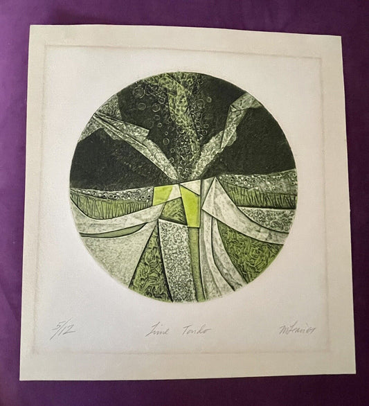 Linocut Art Print 1967 “Lime Tondo” Abstract Graphic Etching 5/12 Signed M. Lean