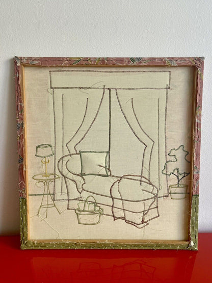 Trapunto Quilted Fabric Collage Art OOAK Interiors Retro McKnight Style (pair)