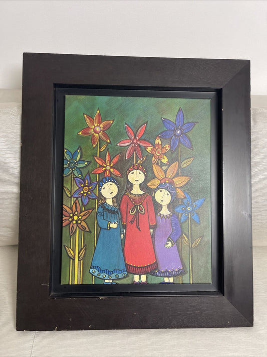 Charming Scandinavian Danish Modern Orig Painting MCM Framed Folk Art 25” x 29”