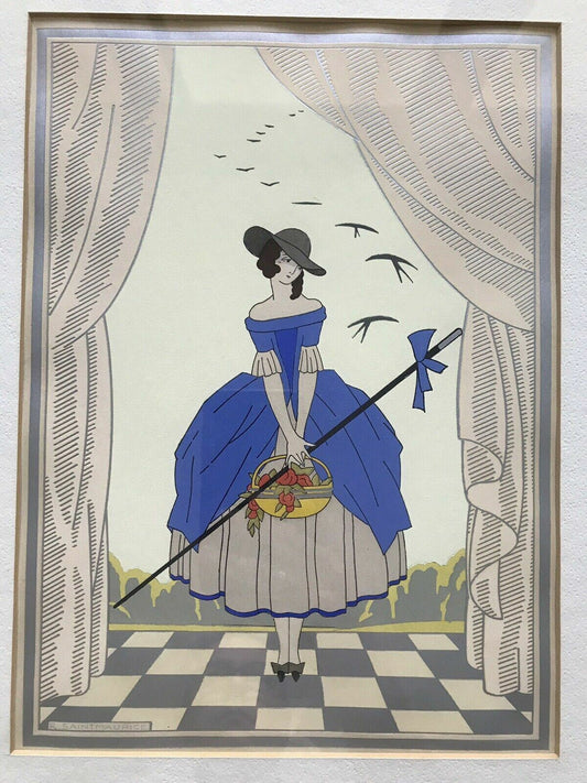Antique FRENCH FASHION POCHOIR Art Deco Modernist "SPRING" Signed SAINTMAURICE