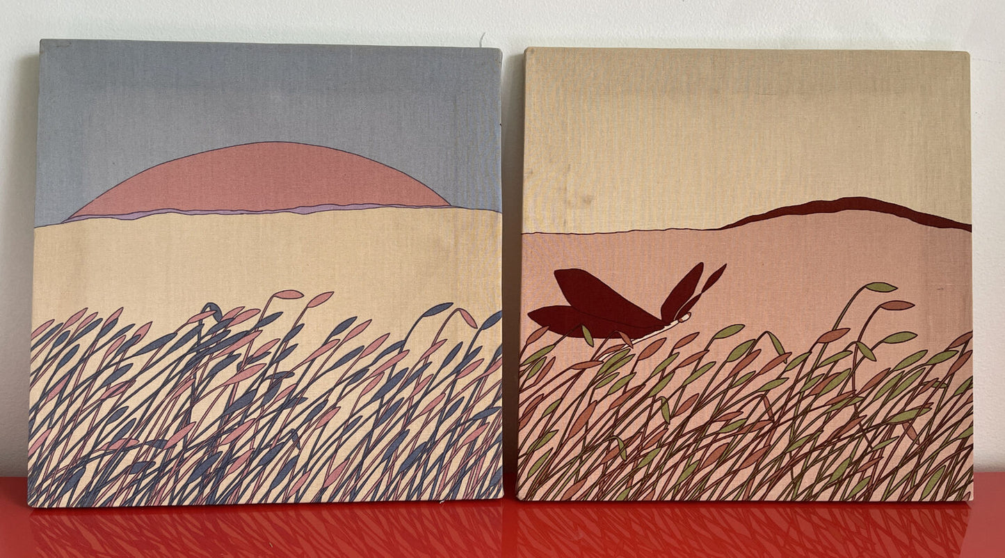 1970s FABRICWERKS Texas Retro Canvas Graphic Art Wall Hanging Pair 16” Square