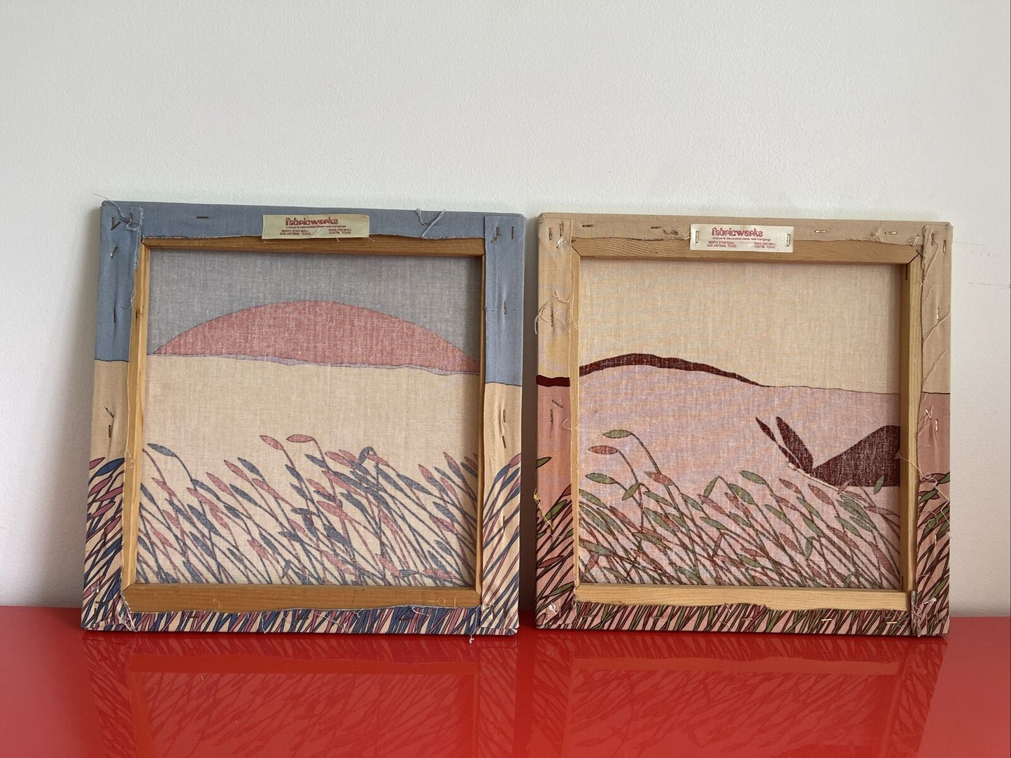 1970s FABRICWERKS Texas Retro Canvas Graphic Art Wall Hanging Pair 16” Square