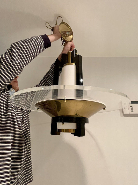 Art Deco Chandelier Vintage Lucite Lacquer & Brass Postmodern Hollywood Regency