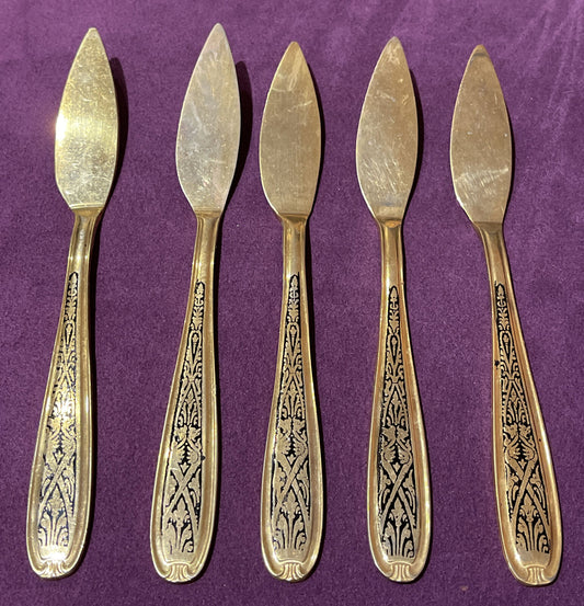 Antique Gallo Alpaca Fish Knives Set of 5 Gold Plated Ornate Enamel Estate MCM