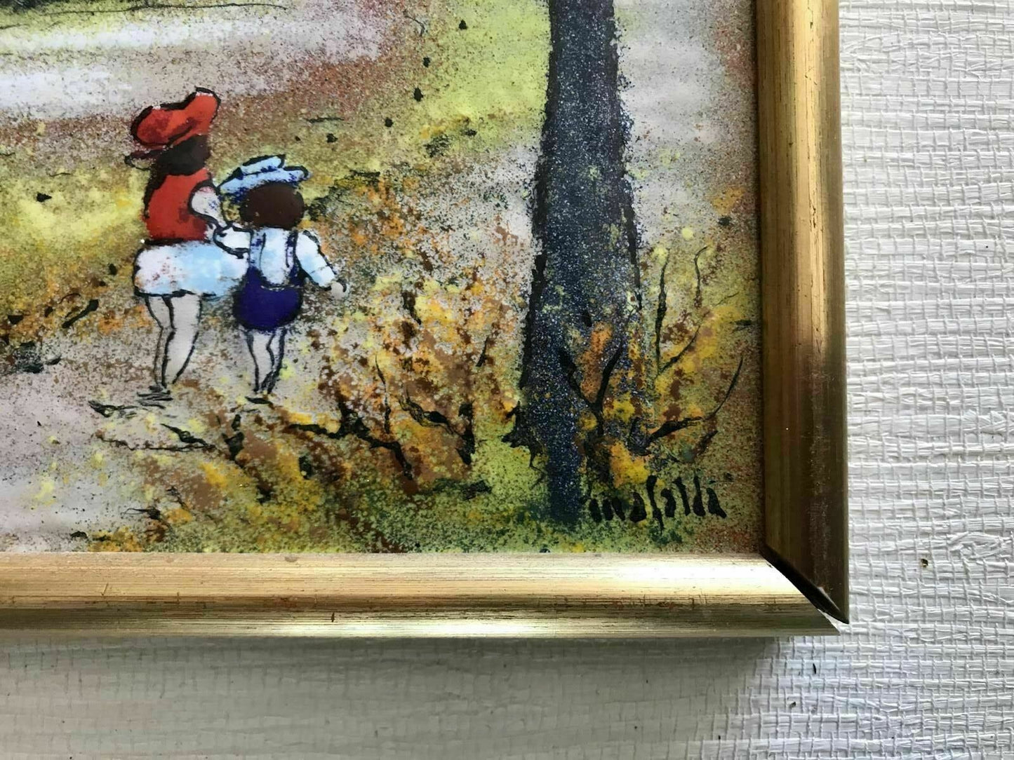 Copper Enamel Painting MAFALDA Children On Path 12” x 16” Louis Cardin Era 1970s