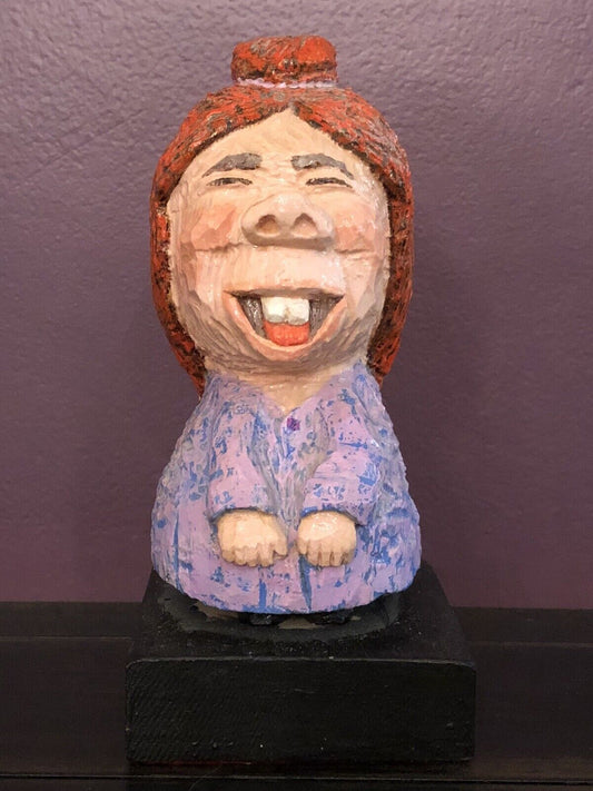 Outsider Art Carved Wood Sculpture UNIQUE Whimsical Bucktooth Caricature 8”