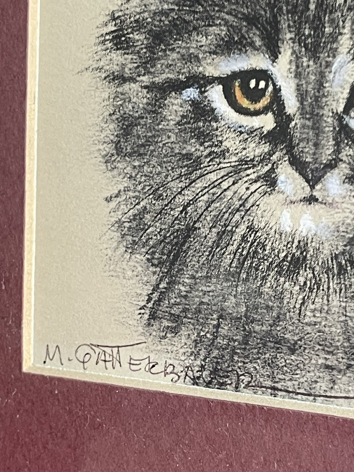 OOAK Cat Kitten Hand-Colored Pastel Lithograph Art Signed Gatterbauer Framed #3