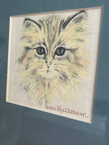 OOAK Cat Kitten Hand-Colored Pastel Lithograph Art Signed Gatterbauer Framed #5