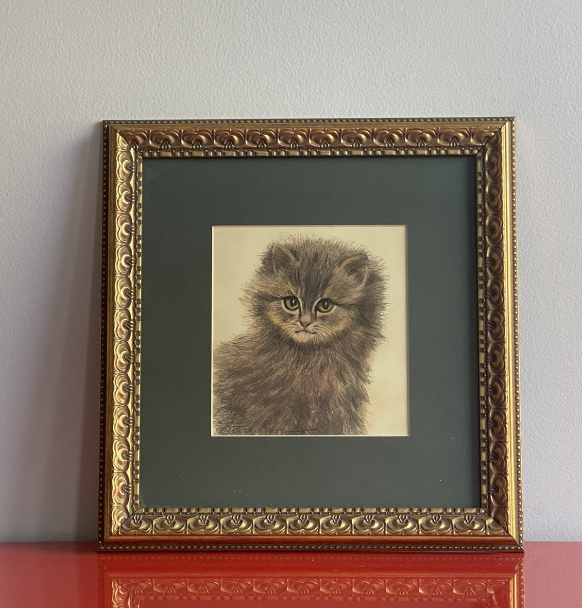 OOAK Cat Kitten Hand-Colored Pastel Lithograph Art Signed Gatterbauer Framed #9