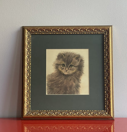 OOAK Cat Kitten Hand-Colored Pastel Lithograph Art Signed Gatterbauer Framed #9