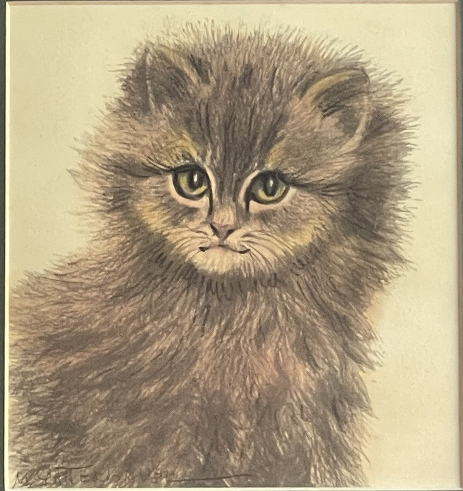 OOAK Cat Kitten Hand-Colored Pastel Lithograph Art Signed Gatterbauer Framed #9