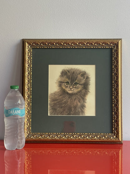 OOAK Cat Kitten Hand-Colored Pastel Lithograph Art Signed Gatterbauer Framed #9