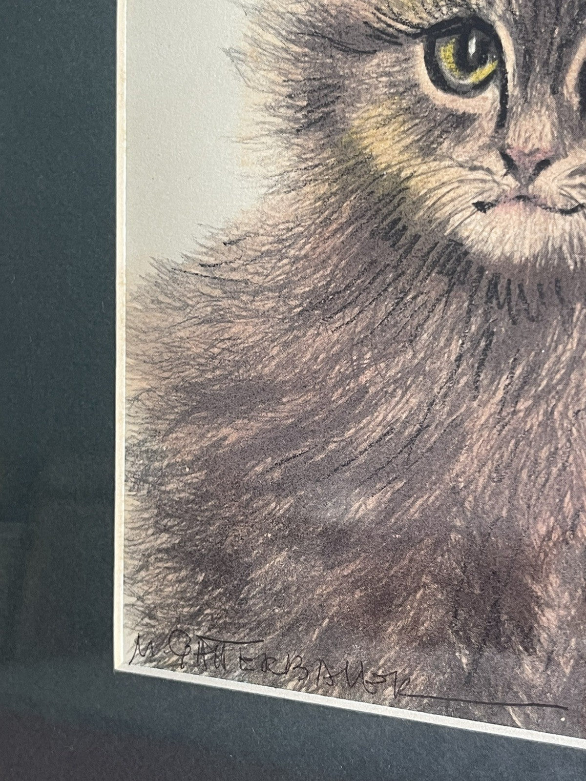 OOAK Cat Kitten Hand-Colored Pastel Lithograph Art Signed Gatterbauer Framed #9
