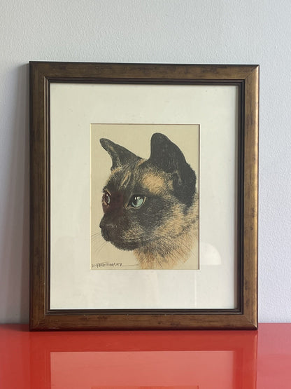 OOAK Siamese Cat Hand-Colored Pastel Lithograph Art Signed M. Gatterbauer Framed