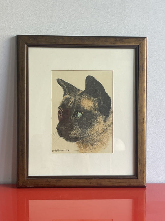 OOAK Siamese Cat Hand-Colored Pastel Lithograph Art Signed M. Gatterbauer Framed