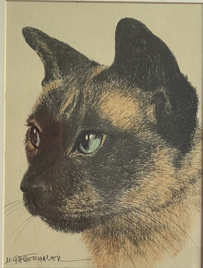 OOAK Siamese Cat Hand-Colored Pastel Lithograph Art Signed M. Gatterbauer Framed