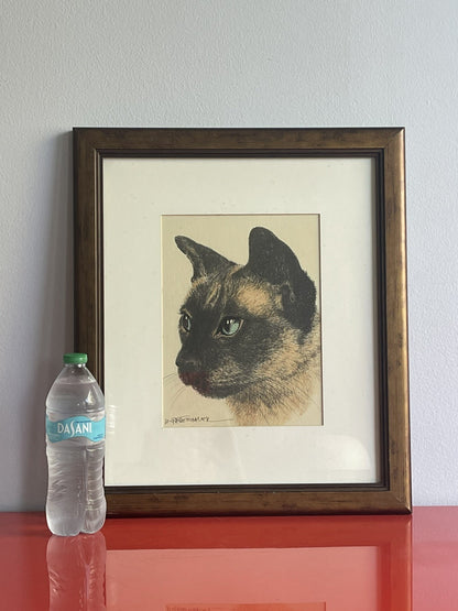 OOAK Siamese Cat Hand-Colored Pastel Lithograph Art Signed M. Gatterbauer Framed
