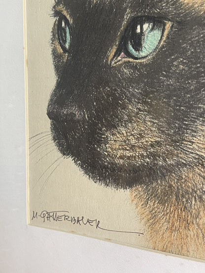 OOAK Siamese Cat Hand-Colored Pastel Lithograph Art Signed M. Gatterbauer Framed