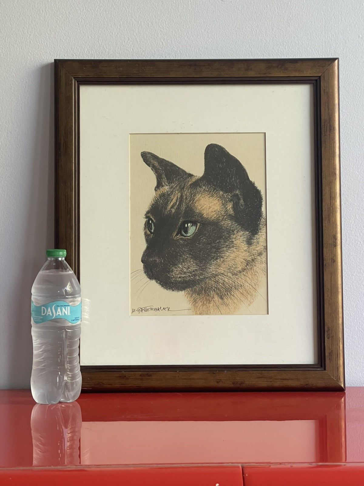OOAK Siamese Cat Hand-Colored Pastel Lithograph Art Signed M. Gatterbauer Framed
