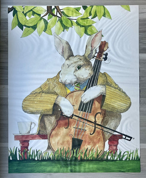 1974 Classroom Education Lithographic Poster Bunny Rabbit Playing A Cello Viola