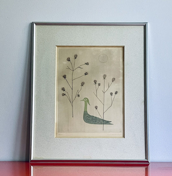 KEIKO MINAMI Grass & Birds 1962 Japan Modernist Etching Aquatint Signed 28/50