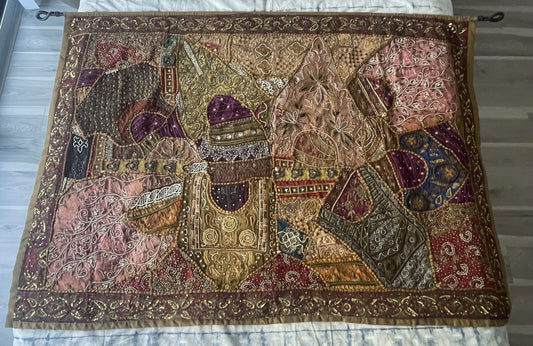 62” x 44” Antique Tapestry Wall Hanging Embellished w Sequins Pearls Gold Thread