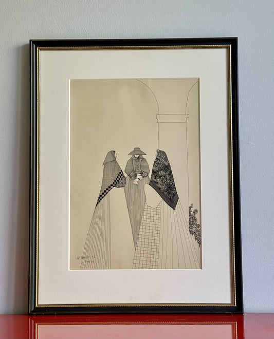 Pen & Ink Drawing Signed Luis Valdez Ibiza 1976 Minimalist Art Modernism Spain