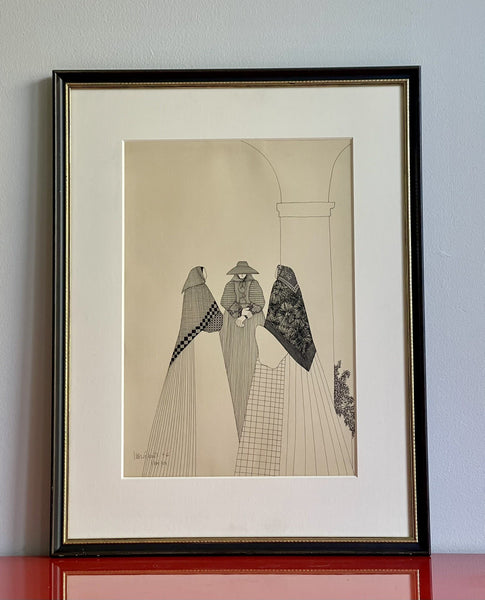 Pen & Ink Drawing Signed Luis Valdez Ibiza 1976 Minimalist Art Modernism Spain