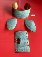 Oxidized Verdigris Modernist Copper Earrings Brooch Bracelet Set Signed Artisan
