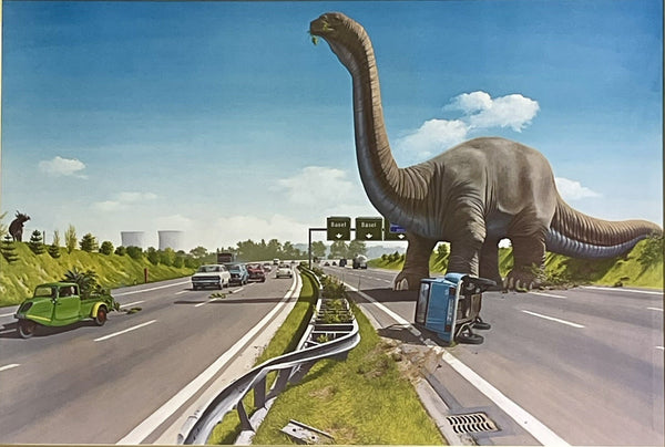 RARE Giuseppe Reichmuth Dinosaur on Autobahn 1980s Framed Hyperrealism Fantasy