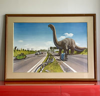 RARE Giuseppe Reichmuth Dinosaur on Autobahn 1980s Framed Hyperrealism Fantasy