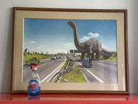 RARE Giuseppe Reichmuth Dinosaur on Autobahn 1980s Framed Hyperrealism Fantasy