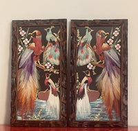 Pr Vintage Mexican Folk Art Paintings w/ Real Feathers Ornate Exotic Boho Decor