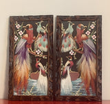 Pr Vintage Mexican Folk Art Paintings w/ Real Feathers Ornate Exotic Boho Decor