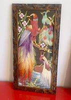 Pr Vintage Mexican Folk Art Paintings w/ Real Feathers Ornate Exotic Boho Decor