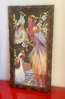 Pr Vintage Mexican Folk Art Paintings w/ Real Feathers Ornate Exotic Boho Decor